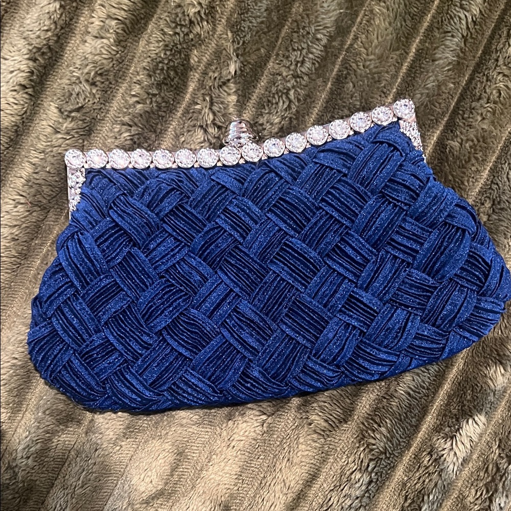 Amazon Navy Woven Clutch with Crystal Trim